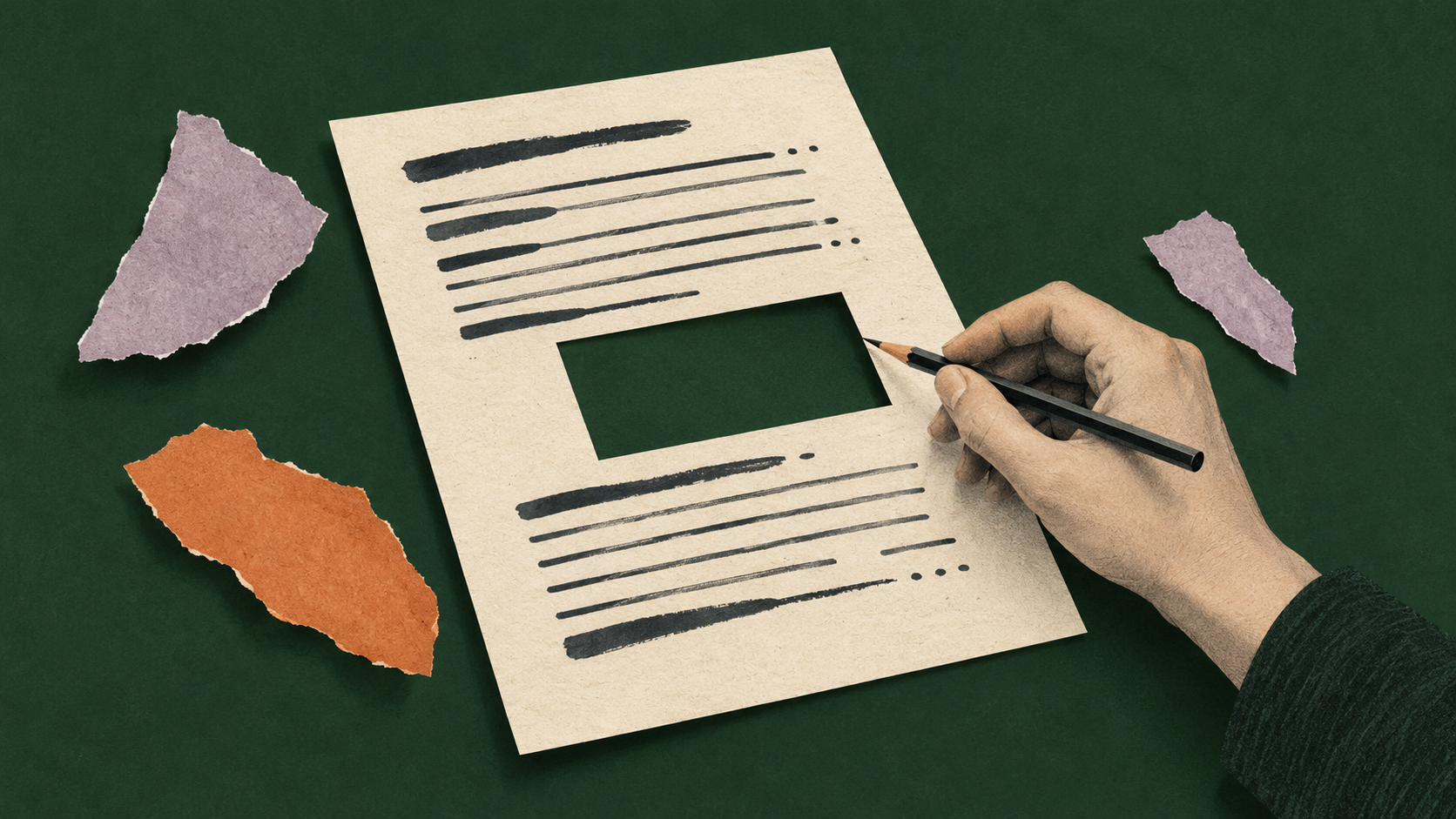 Paper-collage illustration of a neatly arranged brief with a section cut out and a hand holding a pencil beside the gap.
